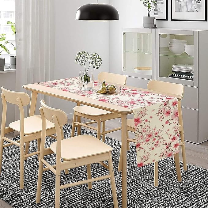 Cherry Flower Table Runner, Seasonal Spring Cherry Blossoms Branches Watercolor Floral Print Table Cover for Kitchen Dining Table Indoor Outdoor Party Decor, 13x36inch