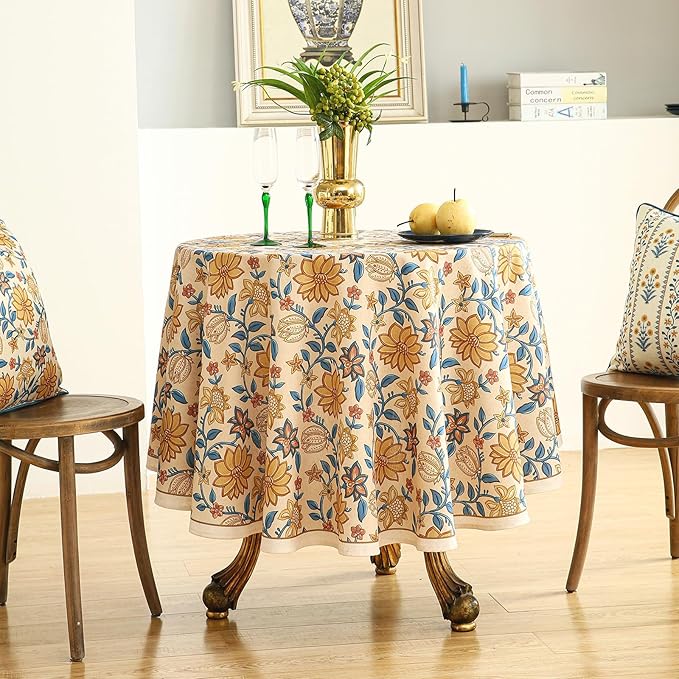ISAENNE Designer Bohemian Floral Small Round Tablecloth,Linen Colorful Table Cloth,Wrinkle Resistant Decor Tablecloths for Dining Thanksgiving Kitchen Party Christmas,Diameter 55"-Estevan B
