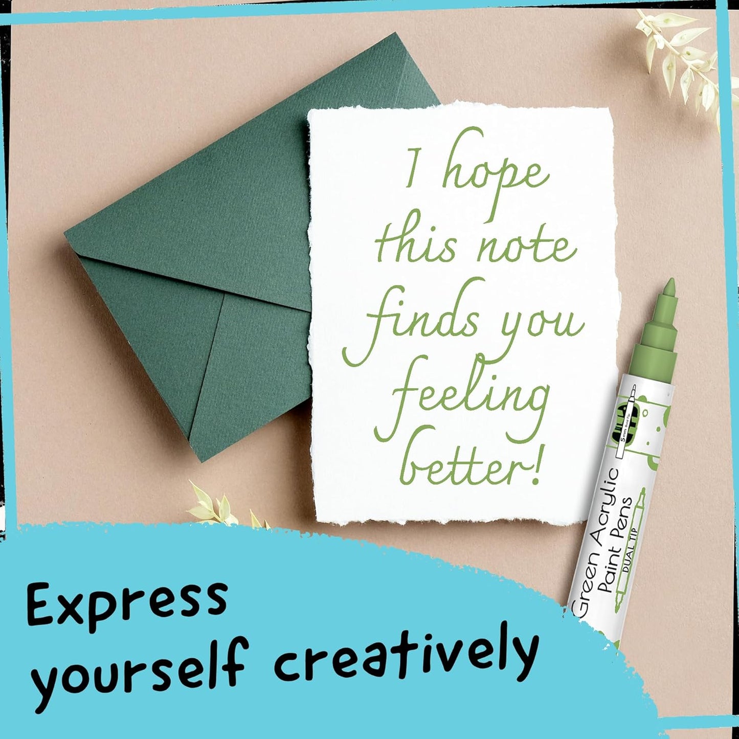 4 Dual Tip Green Paint Pen Metallic - Fine Tip & Medium Acrylic Paint Markers - Green Marker for Metal, Wood, Rock Painting, Canvas, Ceramic, Glass, Fabric, Leaf and Plastic - Water-based Ink