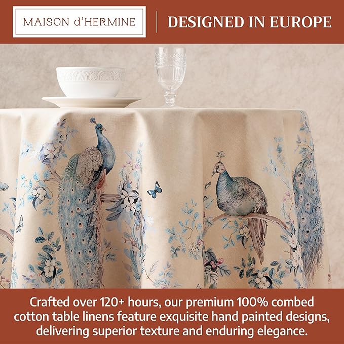 Maison d' Hermine Premium Table Cloth Round Table 100% Combed Cotton 70" Diameter Inches Tablecloth Reusable Decorative for Dining Room, Home, Party, Festive & Wedding - Peacock Utopia - Sandy Beach