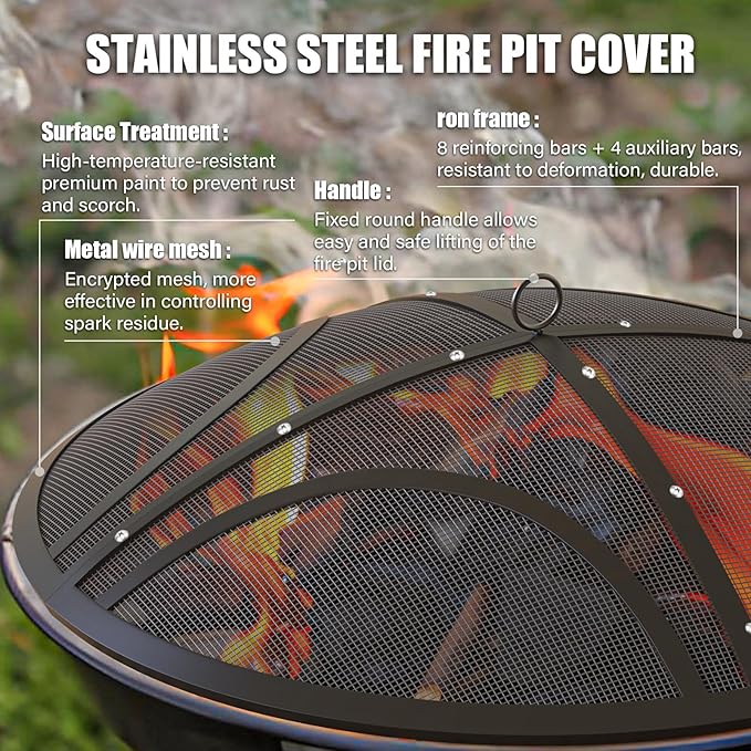 Fire Pit Spark Screen, Upgraded 24 Inch Outdoor Fire Pit Screen with Handle & Poker, Heavy-Duty Steel Fire Pit Cover Round Mesh Replacement Firepit Screen for Backyard/Beach/RV Camping