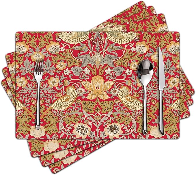 Strawberry Thief Red Placemats - Placemats Set of 4 Faux Leather Heat Resistant for Dinner Table, Non-Slip Waterproof Oil-Proof Washable Reusable Placemat for Indoor Outdoor Kitchen