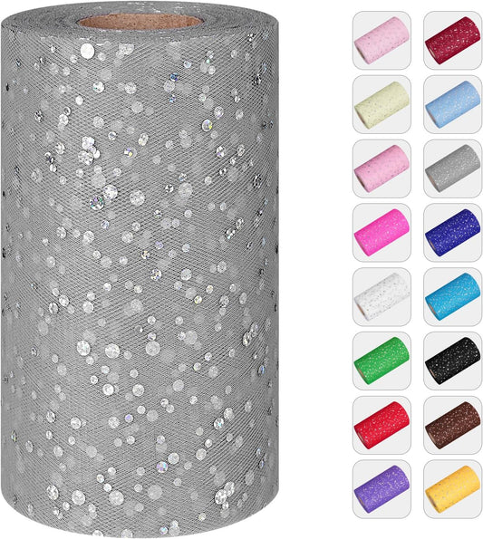 Glitter Tulle Rolls, 6” by 50 Yards (150FT) Sequin Tule Netting Fabric Tulle for Tutu Skirts Sewing Birthday Wedding Party Decoration (Sliver)