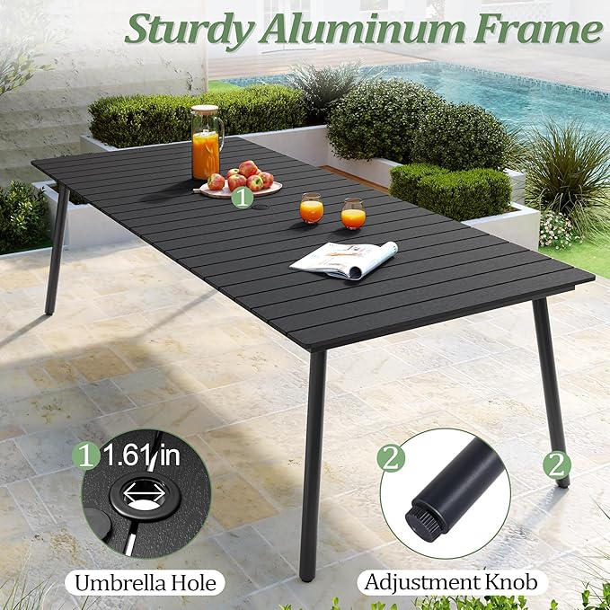 95" Patio Outdoor Dining Table for 8-10, Weather-Resistant Wood-Grain Top with Aluminum Frame & Umbrella Hole for Deck Gatherings, Black