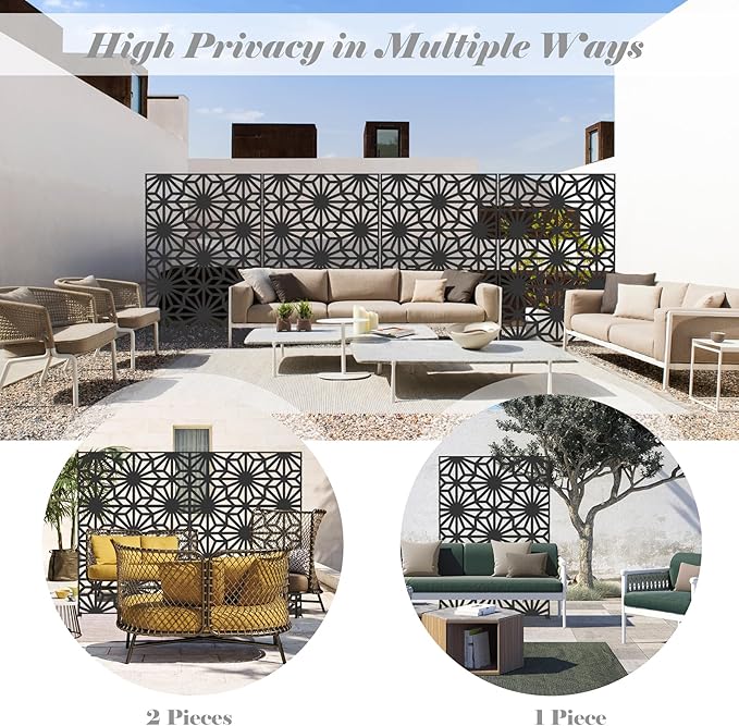 Domi Metal Privacy Screens and Panels with Free Standing, Freestanding Outdoor Indoor Privacy Screen, Decorative Privacy Screen for Balcony Patio Garden, Sun Flower Shape