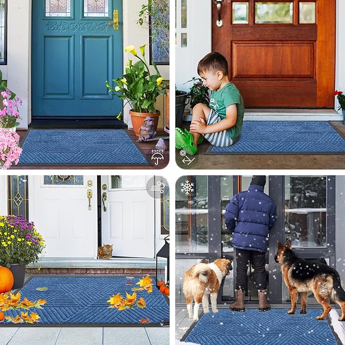 Smiry Front Door Mat Outside Entrance, Heavy Duty Sturdy Natural Rubber Doormat, Trap Dirt and Moisture, Easy Clean Low Profile Mats for Indoor Outdoor Entry, Irregular Triangle (59x35, Blue)