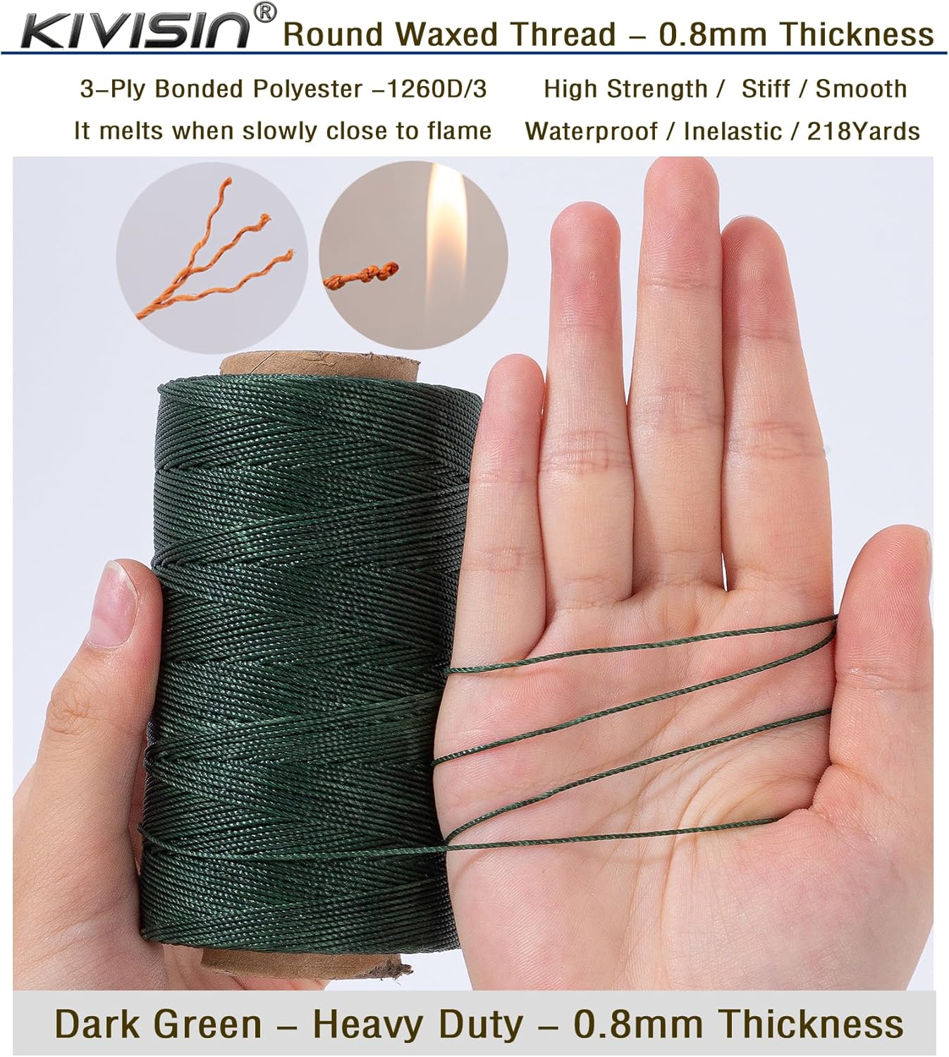 Heavy Duty Round Waxed Thread 0.8mm, 218 Yards, Dark Green, Bonded Thick Polyester Wax Coated Cord for Leather Sewing, Upholstery, Whipping Twine, Basket Weaving and Macrame Making
