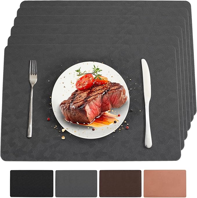 Vinyl Placemats Set of 6 Heat Resistant Easy Clean Non-Slip Place Mats for Dining Table. Faux Leather Waterproof Stain Resistant Wipeable Washable PU Table Mats(6, Gray)