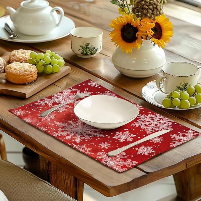 Red Snowflake Xmas Placemats Set of 4 Merry Christmas Snowflakes Linen Fabric Table Mats Seasonal Winter Holiday Washable Place Mats for Party Kitchen Dining Outdoor Indoor Decor
