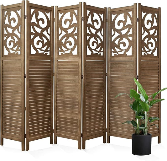 Room Divider Wood Carved Wall Divider Indoor Folding Portable Partition Screen for Home Office Garden Terrace - 6 Panel, 67 * 90inch (Dark Brown)