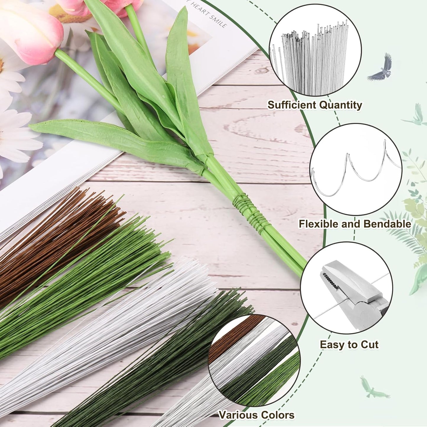 PATIKIL 32 Inch 22 Gauge Floral Stem Wire, 5 Pack/200 Pieces Bouquet Stem Paper Wrapped for DIY Crafts Flower Arrangements, Silver Tone