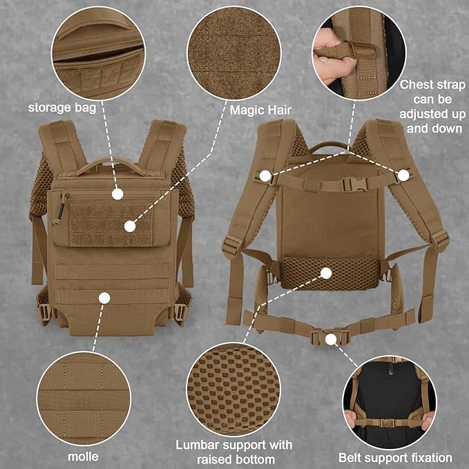 PETAC GEAR Upgraded Weighted Backpack Rucking Backpack for Weight Plates/Honeycomb Breathable fabric/Belt support/Back support platform (max 15lbs capacity)(CB)