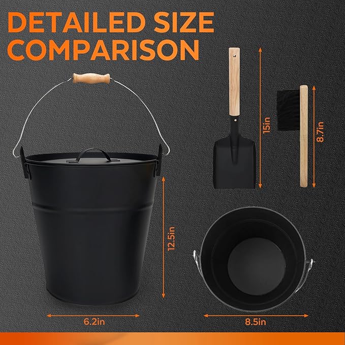 3.5 Gallon Ash Bucket with Lid and Shovel, Metal Fireplace Ash Bucket with Broom, Complete Fireplace Tools Set for Wood Stove and Fireplace