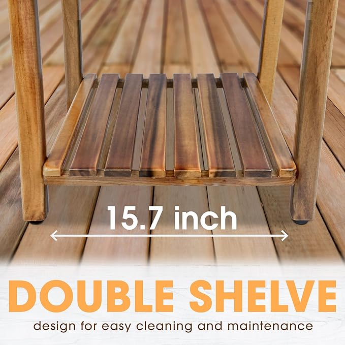 ENKEZI Acacia 24 Inches Outdoor Side Table, 2-Tier Sturdy Patio, End Table Weather Resistant, Strong Stability Side Table for Patio, Pool, Porch, Teak Finish (Modern Brown)