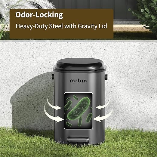 MRBIN Stainless Steel Dog Poop Trash Can with Lid, 5 Gal Round Pet Outdoor Waste Basket with Plastic Inner Bucket, Step Garbage Pail for Outside Patio, Yard, Garage, Eclipse Grey