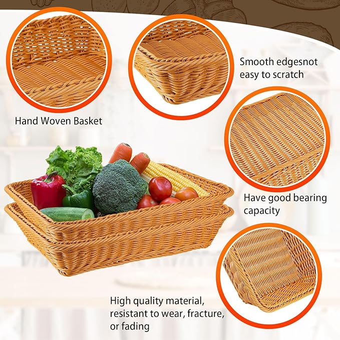 Tioncy 10 Pcs Poly Wicker Bread Basket 15.75 x 11.81 x 3.15" Woven Bread Imitation Rattan Fruit Basket Tray Stackable Rectangular Food Baskets for Serving Display Storage Kitchen Restaurant Vegetable