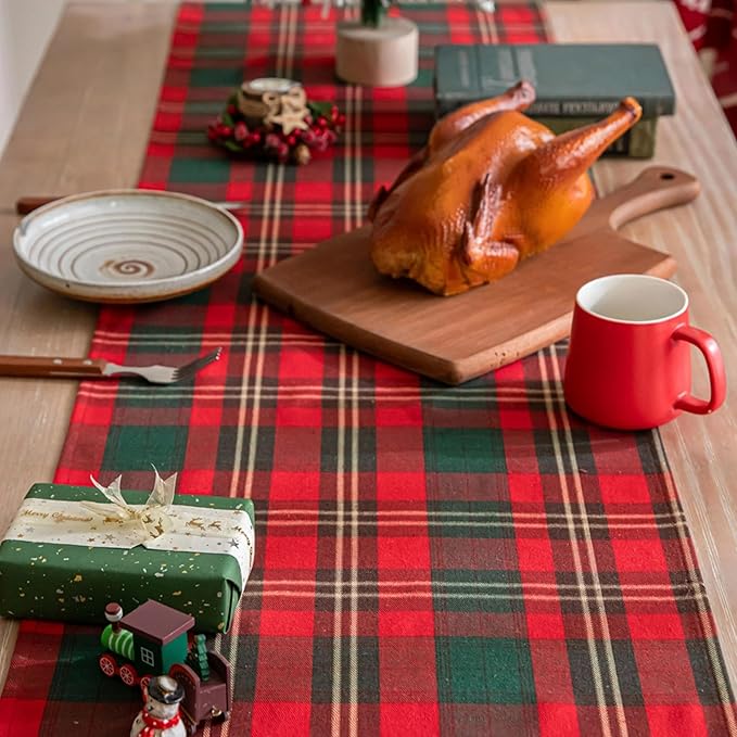 Red Green Gold Plaid Christmas Table Runner, Winter Holiday Table Runners 72 inches Long Xmas Decorations Indoor Outdoor Farmhouse Home Kitchen Dining Party Decor