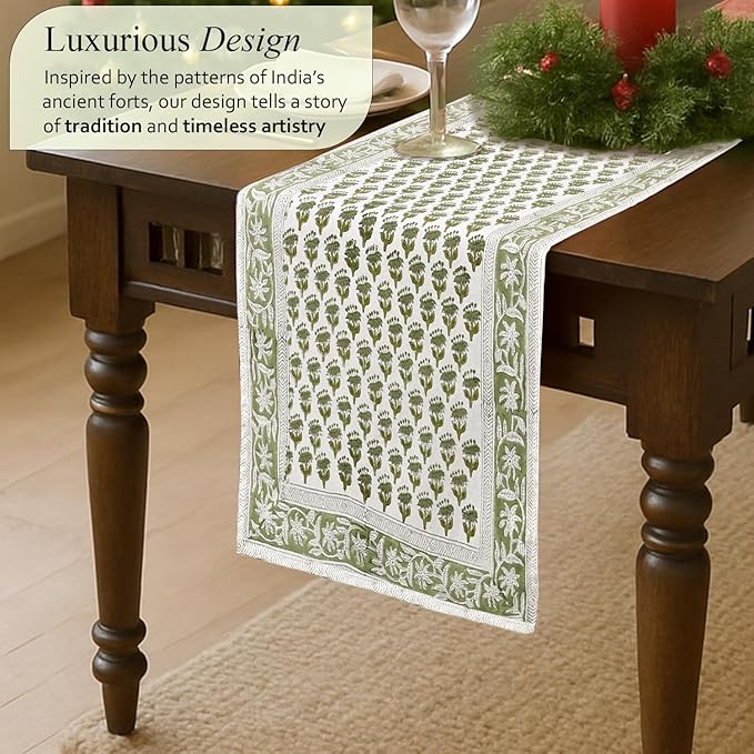 CPC Cotton Table Runner 16x106 inch Block Printed Long Fall Table Runner for Dining Table, Card Table, Coffee Table, Wedding, Farmhouse & Outdoor Barbeque-Emerald Green