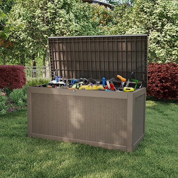 EasyUp 320 Gallon Outdoor Storage Box Waterproof, UV Resistant Resin Deck Box with Hydraulic Rod, Reinforced Stability for Patio, Garden, Rattan Gray