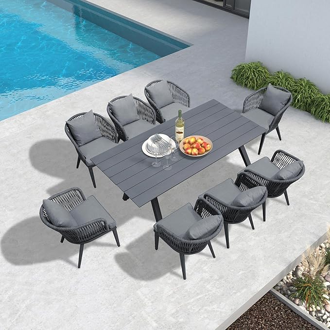 PURPLE LEAF 9 Pieces Patio Dining Set Wicker Outdoor Furniture Rectangular Table and Chairs Set for Garden Deck Aluminum Frame Backyard Kitchen Set, Cushions and Pillows Included Grey
