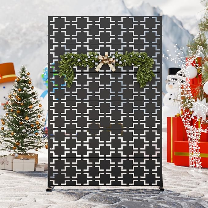 Casaphoria Metal Privacy Screen Outdoor, 72" H x 47" W Freestanding Decorative Privacy Screen for Patio Deck Balcony Garden with Stable Base, Black-Brick
