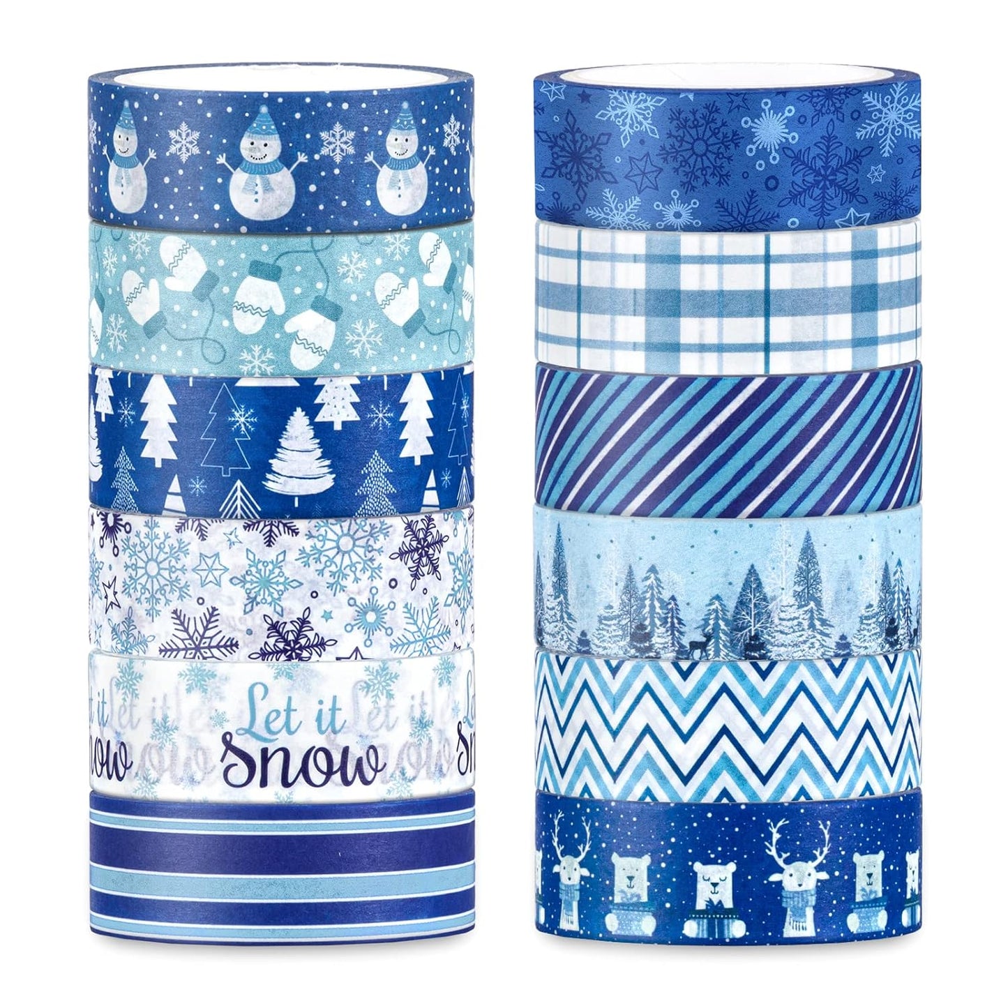 Whaline 12 Rolls Winter Washi Tape Blue White Snowflake Snowman Holiday Masking Tape Xmas Tree Reindeer Assorted Pattern Washi Tape for Scrapbook Journal DIY Craft Gift Wrapping Party Decor