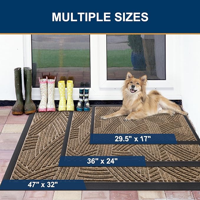 Smiry Front Door Mat Outside Entrance, Heavy Duty Sturdy Natural Rubber Doormat, Trap Dirt and Moisture, Easy Clean Low Profile Mats for Indoor Outdoor Entry, Interwoven Stripes (36x24, Brown)