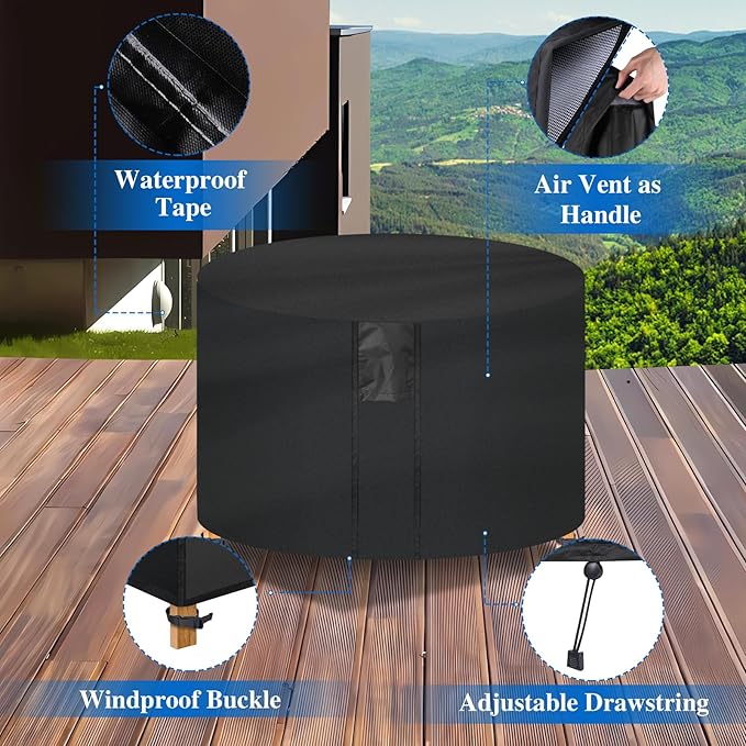 Fire Pit Cover Round- Waterproof Firepit Covers Round (44Dia x 24H inches, Black) Outdoor Fireplace Cover Weatherproof and Non Fading