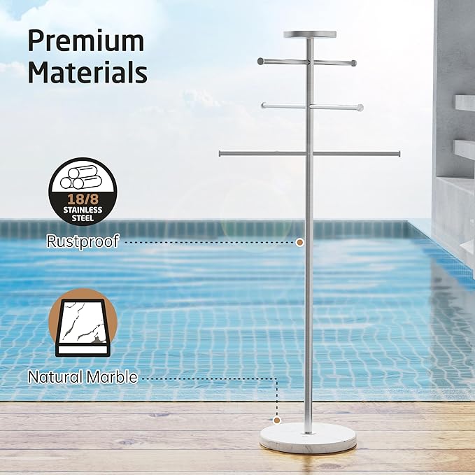 Natural Marble Outdoor Towel Rack with Weighted Base, KES 5-Feet Pool Towel Rack Outdoor for Hot Tub 18/8 Stainless Steel, Adjustable 3 Arms with Storage Tray, Brushed Finish OTR200-2