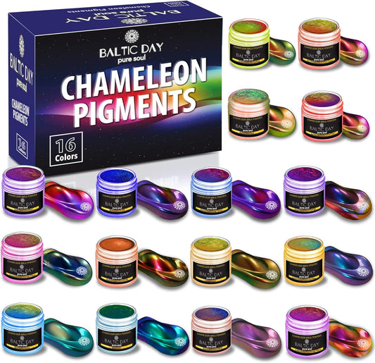 BALTIC DAY - Chameleon Mica Powder, 16 Jars of Color Shift Mica Powder Set - Epoxy Resin Color Pigment - Chameleon Powder - Holographic Mica - Resin Pigment