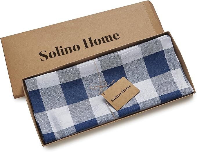 Solino Home Linen Checkered Table Runner 108 Inches Long - 100% Pure Linen Blue and White Buffalo Check Table Runner 14 x 108 Inch Ideal for Dining, Winter, Spring, Easter