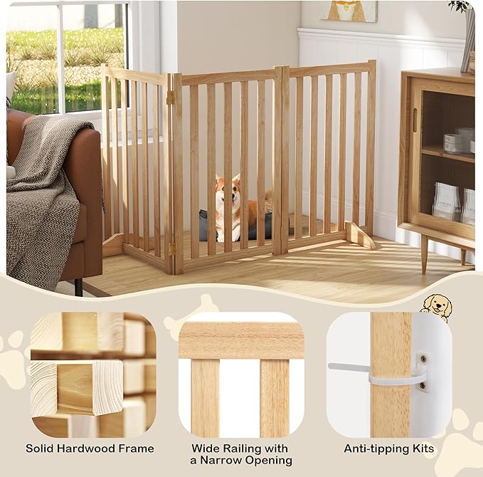 30" Height Tall Freestanding Pet Gate, Solid Wood Folding Safety Fence Wooden Dog Gate with 2 PCs Support Feet Ideal for Stairs, Doorways, Halls, Kitchens, Heavy Duty Gates, 3 Panels, Oak