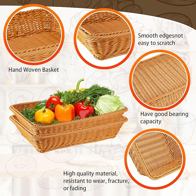 Tioncy 10 Pcs Poly Wicker Woven Bread Basket Imitation Rattan Fruit Basket Tray Stackable Rectangular Food Baskets for Serving Display Storage Kitchen Restaurant Home Vegetable (11.81 x 7.87 x 2.76")