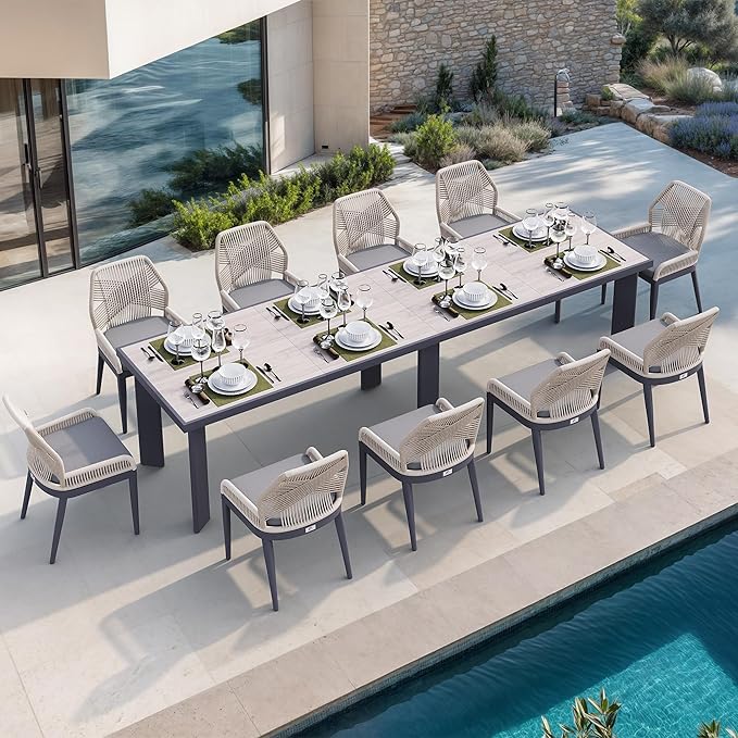 PURPLE LEAF 11 Pieces Patio Dining Set Aluminum Rectangular Table and Wicker Chairs with Cushions for Kitchen Porch Garden Modern Outdoor Furniture Sets, Beige and Dark Grey