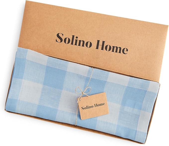 Solino Home Linen Checkered Table Runners 72 Inches Long - 100% Pure Linen Blue Bell Buffalo Check Table Runner 14 x 72 Inch Ideal for Dresser, Dining, Spring, Easter, Winter
