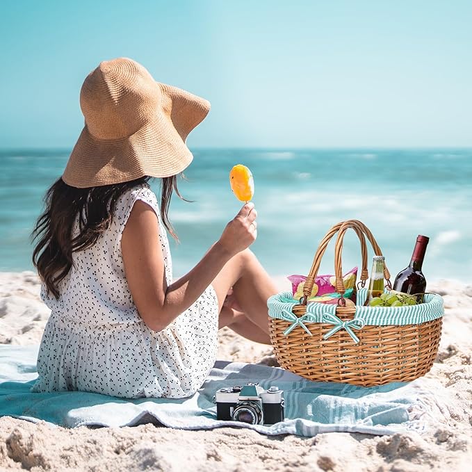 G GOOD GAIN Oval Picnic Basket with Folding Handles, Willow Hand Woven Shopping Basket, Bath Storage Gift Packing Basket, Wicker Empty Easter Eggs and Candy Small Gift Basket.Green