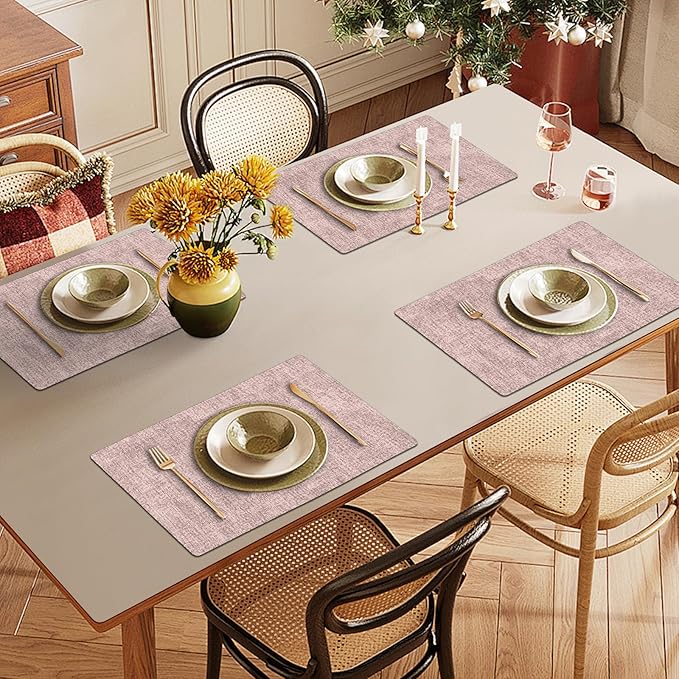 Faux Leather Heat Resistant Placemats Set of 8 – Waterproof Oilproof Wipeable Dining PU Vinyl Place Mat Easy Clean Table Mats for Kitchen/Dining/Party/Holiday, Pink