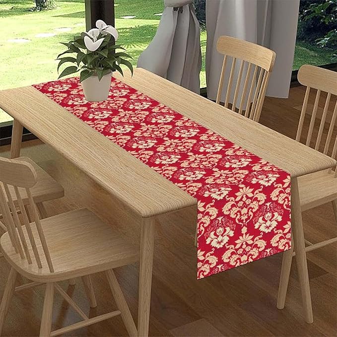 Damask Table Runner, Rustic Gothic Red Baroque Style Floral Boho Flower Antique Vintage Retro Coffee Table Center Decor for Kitchen and Dining Outdoor Home Country Party Table Decorations, 13"x90"