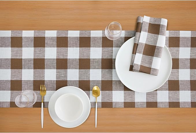 Solino Home Table Runners 90 Inches Long - 100% Pure Linen Buffalo Check Coco Brown and White Table Runner 14 x 90 Inch Ideal for Dining