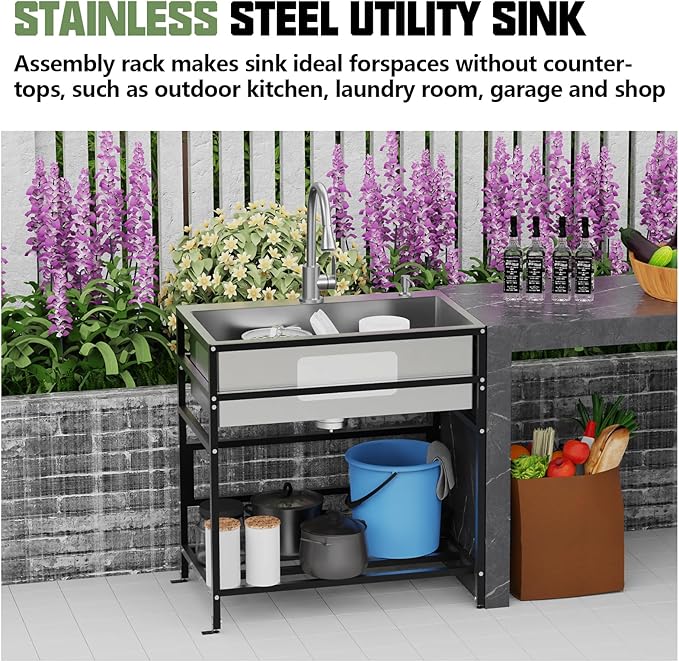 30x18 Inch Stainless Steel Utility Sink-Freestanding Laundry Sink Practicality With Accessories Stainless Functional Faucet,Soap Dispenser, SS Sink Grid For Laundry,Garage,Outdoor Kitchen,Garden...