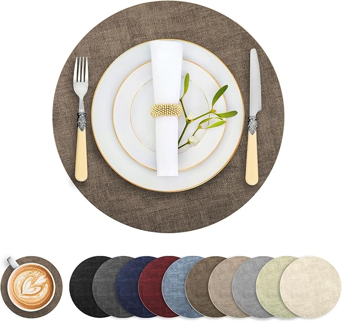 Round Faux Leather Placemats and Coasters, Set of 8, Reversible Heat Resistant Non-Slip Table Mats, Waterproof Wipeable Place Mats for Dining Table, Washable for Indoor & Outdoor (8, Dark Brown)