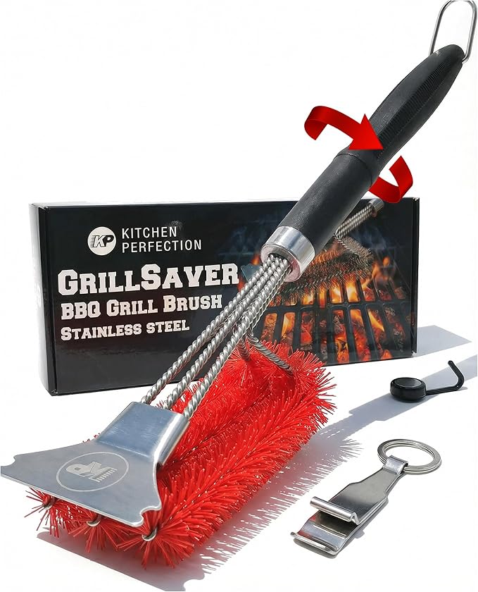 KITCHEN PERFECTION Nylon GrillSaver - Safe BBQ Grill Brush with Replaceable Cleaning Head -Heavy-Duty Grill Cleaner w/Scraper for Porcelain & Ceramic Grates, Includes Magnetic Hanger & Bottle Opener