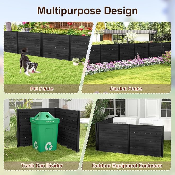 Giantex 4 Panels Outdoor Privacy Screen, 48''W x 45''H Air Conditioner Fence with Stakes, HDPE Decorative Trash Can Enclosure, Outdoor Fences for Garden Patio Lawn AC Unit Pool Pump, Black