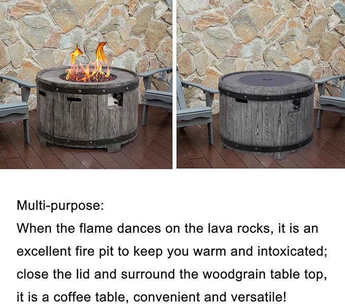 Afterglow Outdoor 36" Round TerraFdab Propane Fire Pit Table for Outside Patio Backyard Garden, Firepit Table with Weather Cover and Lava Rocks(Gas Tank not Included)，50000 BTU, Wood Look(Grey)