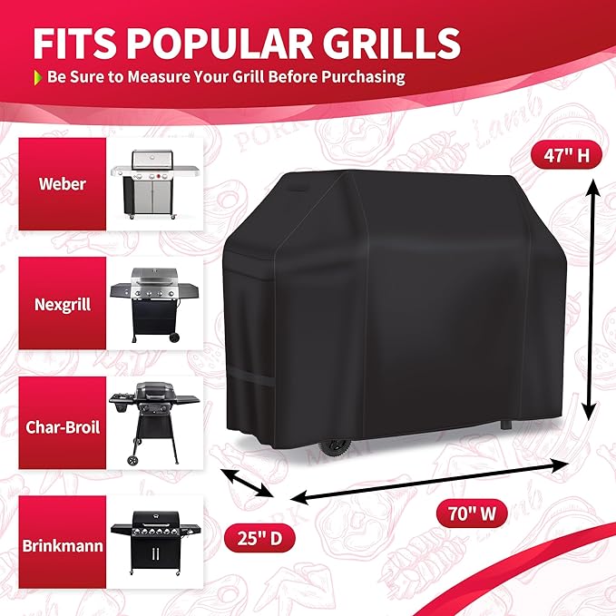 NEXCOVER Barbecue Gas Grill Cover - 70 Inch Waterproof Heavy Duty Outdoor BBQ Cover, Fade & Weather Resistant Upgraded Material for Weber, Brinkmann, Char Broil, Holland