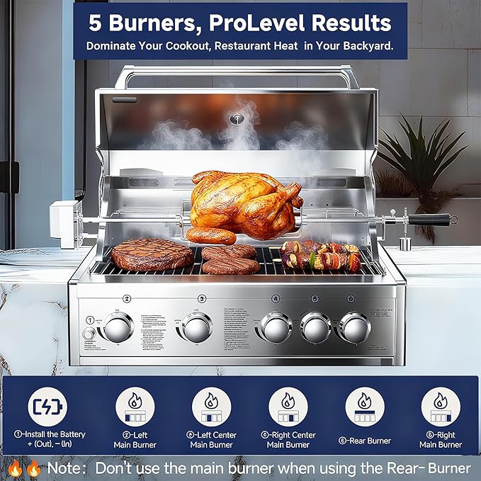 BODEGA Stainless Steel Outdoor Kitchen Propane Gas Grill and Outdoor Kitchen Cabinets for BBQ with 2 Drawers and Propane Tank Storage,Thermometer & Rotisserie Chicken Fork Kit, Seaside BBQ, Camping.