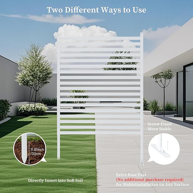 Outdoor Privacy Screen with Stand, Rustproof Metal Fence Panel, 35.43’’x 47.24’’ PE-Coated Steel Slats, Decorative Privacy Fence for Patio, Garden, Backyard, Trash Can, White(1 Panel)