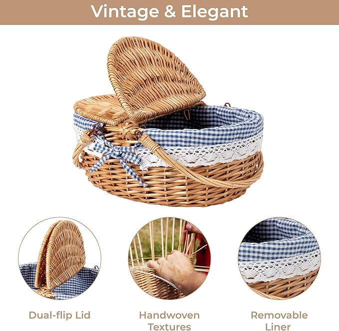 GRANNY SAYS Wicker Picnic Basket for 2 with Handles, Woven Cute Boo Basket with Washable Liner & Dual-Flip Lid, Vintage Large Picnic Baskets for Camping, Outdoor, Gift, Blue and White Checkered Liner