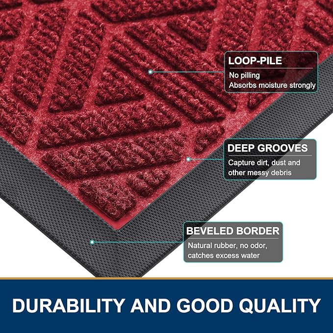 Smiry Front Door Mat Outside Entrance, Heavy Duty Sturdy Natural Rubber Doormat, Trap Dirt and Moisture, Easy Clean Low Profile Mats for Indoor Outdoor Entry, Grid Geometric (36x24, Wine Red)