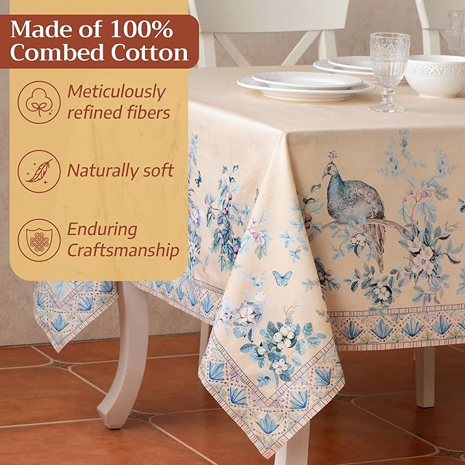 Maison d' Hermine Premium Table Cloth Square Table 100% Combed Cotton 70 x 70 Inches Tablecloth Reusable Decorative for Dining Room, Farmhouse, Party, Festive & Wedding - Peacock Utopia - Sandy Beach